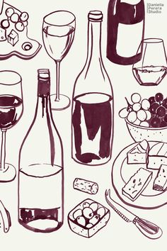 a drawing of wine, cheese and bread