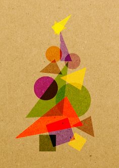 an abstract painting on brown paper with different colors and shapes in the shape of a christmas tree