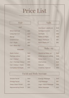 the price list for hair salons