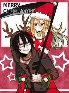 two anime characters sitting on top of each other in front of a merry christmas card