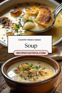 soup in a bowl with a spoon full of soup next to another bowl filled with soup