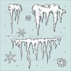 ice and icicles on a blue background with snowflakes stock photo, clip art