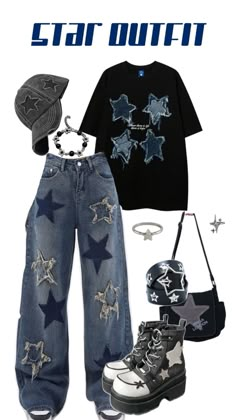 Outfits With Stars On Them, Outerspace Theme Outfits, Grunge Star Outfit, Space Themed Clothing, Gender Fluid Clothes, Starcore Outfits, Blue And Silver Outfits, Moon Outfit Aesthetic, Moon Outfit Ideas