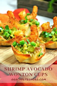 shrimp and avocado wonton cups on a cutting board with text overlay