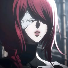 an anime character with red hair and black eyes looks at the camera while standing in front of a building