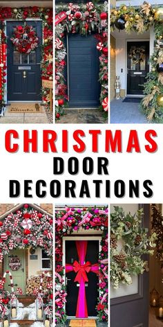 christmas door decorations with the words christmas door decorations on it and pictures of wreaths