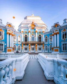 an ornate building with blue and white paint