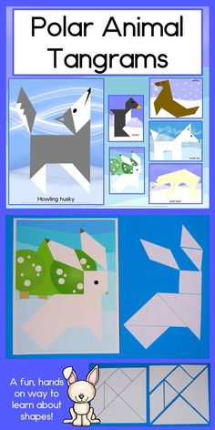 the book polar animal tangrams is open and showing instructions for how to make an origami dog