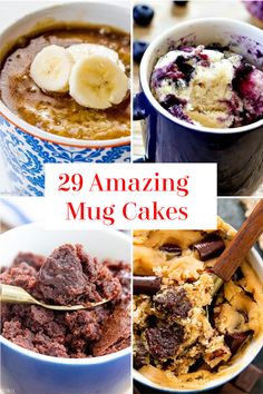 the images show different types of mug cakes with bananas and other desserts in them