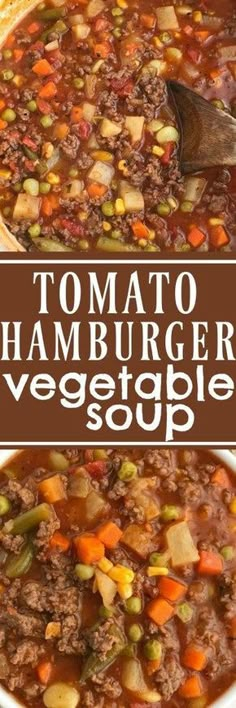 two pictures with the words to mato hamburger veggie soup in them