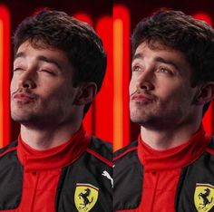 two pictures of a man with his eyes closed and one is wearing a ferrari shirt