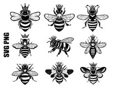 six bees with crowns on their heads and the words spring written in black ink above them