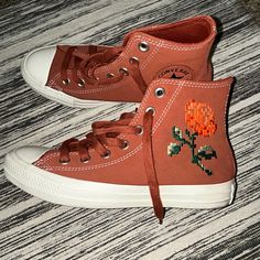 Brand New With Box. I Liked Them Because It Looked Like A Minecraft Flower Orange Converse Sneakers For Spring, Spring Orange Converse Sneakers, Converse Orange, Shoes Orange, Flower Shoes, Shoes Converse, Embroidered Shoes, Shoes Color, Womens Converse