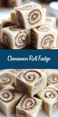 cinnamon roll fudge on a white plate with the words cinnamon roll fudge above it