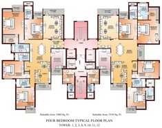 the four bedroom typical floor plan is shown in red and yellow, along with several other rooms