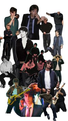 the collage shows many different people in black and white, including one man with a guitar