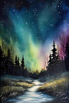 an oil painting of a night sky with stars and aurora bores in the background