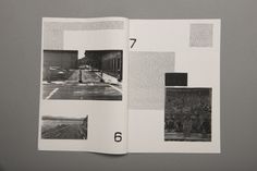 an open book with black and white photos on it's pages, showing the layout