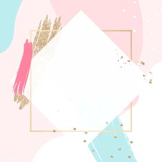 a pink, blue and gold background with a white rectangle frame in the middle