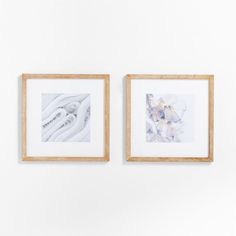 two framed photographs hang on the wall next to each other in front of a white wall