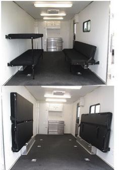 two pictures of the inside of a vehicle with bunk beds and televisions in it