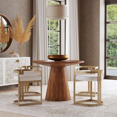 a dining room table with two chairs and a vase on the side, in front of a mirror