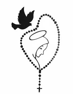 a black and white drawing of a rosary with a dove