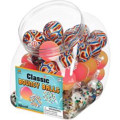 a plastic container filled with assorted candy balls