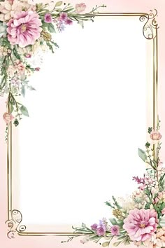 a floral frame with pink flowers and greenery on the edges, in front of a light pink background