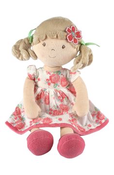 Your little one will love snuggling up with this soft doll dressed in removable clothes for easy cleaning and changing. 13.7" height Cotton/polyester Imported Asian Owned/Founded Curly Pigtails, Beige Hair, Smelling Flowers, Personalized Dolls, Hair Ribbons, Hair Adornments, Kids Collection, Pink Floral Dress, Cloth Doll