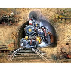 a painting of a train coming out of a tunnel