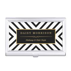 personalized business card holder with black and white stripes on the front, gold trimming