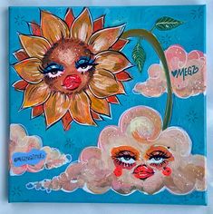 a painting with sunflowers and clouds painted on it