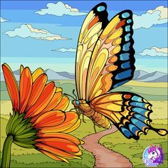 a colorful butterfly flying over a flower on a sunny day with clouds in the background