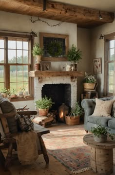 a living room filled with furniture and a fire place next to a window covered in potted plants