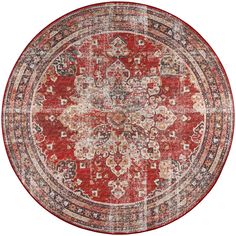 a round rug with an ornate design in red and beige colors, on a white background