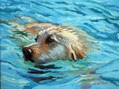 an oil painting of a dog swimming in the blue water with his head above the water's surface