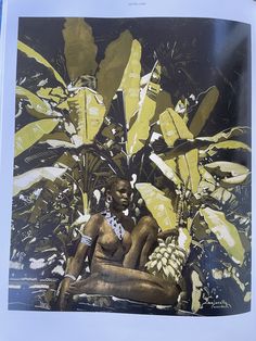 an image of a woman sitting in the middle of some trees and plants with bananas on it