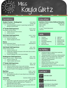 a green and black resume with the words miss kayla girtz on it