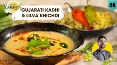 a bowl of food on a table with a man in the background and an advertisement for ramee's guarat kashi & liva kichidi