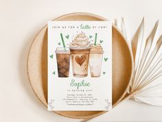 there is a card with two drinks on the front and one in the back that says, join us for a latte of fun