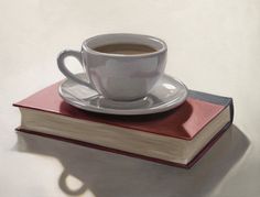 a painting of a cup of coffee on top of a book