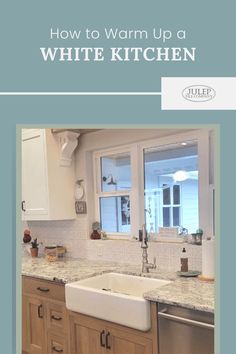 View of a kitchen sink and countertop area showing ways to make an all-white kitchen renovation seem warm and cozy. White Kitchen Renovation, Grey Wall Color, Warm Paint Colors, Kitchen Finishes, Countertop Colours, White Kitchen Decor, All White Kitchen