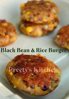 four black bean and rice burgers on a white plate with the words pretty's kitchen