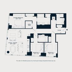 the floor plan for an apartment with three bedroom and two bathroom areas, including one living room