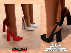 three different colored high heeled shoes are shown in the same color as each other