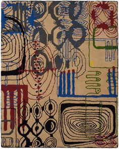 an abstract rug with various shapes and colors