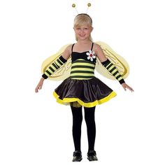 This adorable Child Bumble Bee Costume includes a black and yellow striped dress with a floral motif and a matching pair of sleeves.Also included with the Bumble Bee costume is a pair of yellow and gold wings and a pair of glittery gold head boppers.Material: 100% Polyester.Care: Hand wash only. Bumblebee Animal, Bumble Bee Wings, Bumble Bee Dress, Bumble Bee Costume, Yellow Striped Dress, Girls Fancy Dress, Bee Costume, Bee Dress, Theatre Costumes