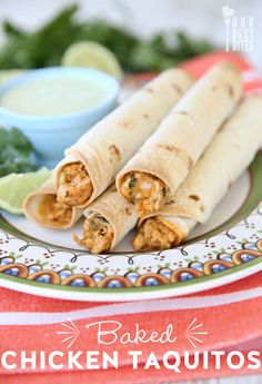 three chicken taquitass on a plate with dipping sauce