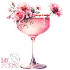 a watercolor painting of a pink cocktail with flowers on the rim, in front of a white background